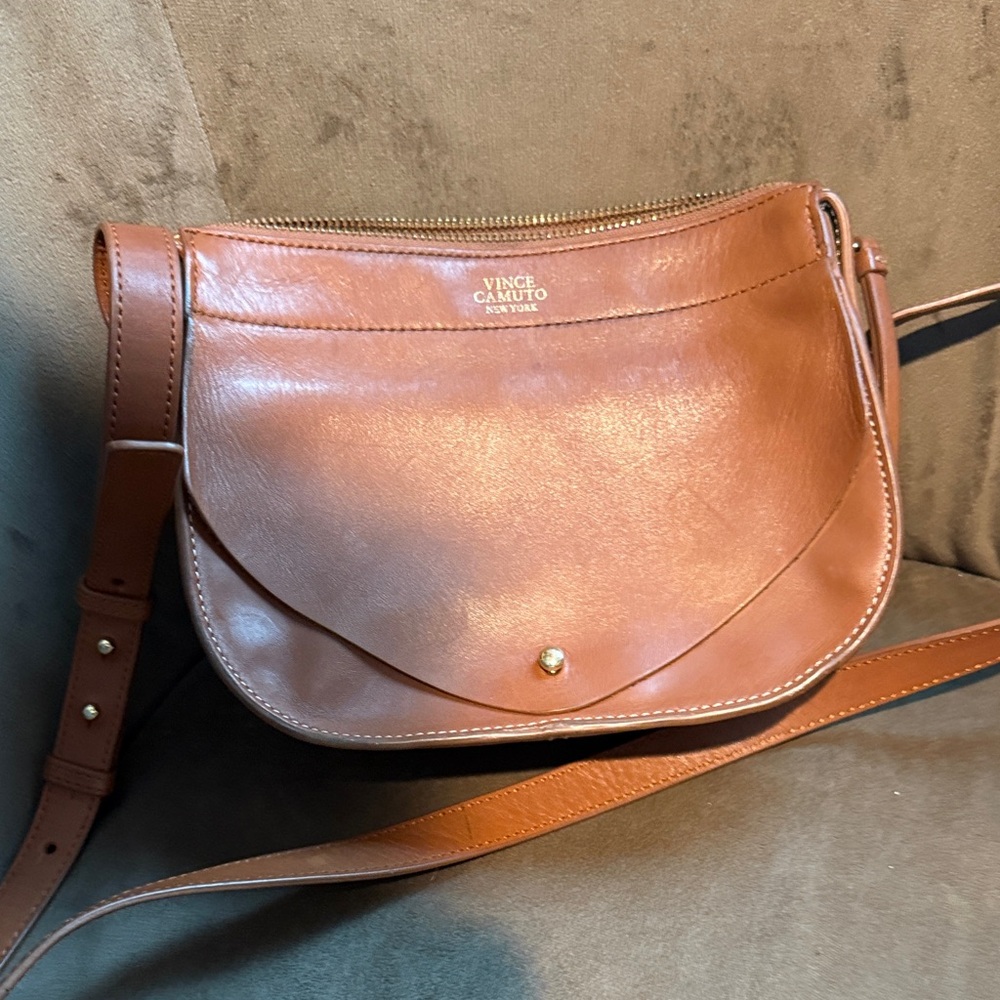 Vince Camuto Cognac Brown Leather Crossbody Saddle Bag